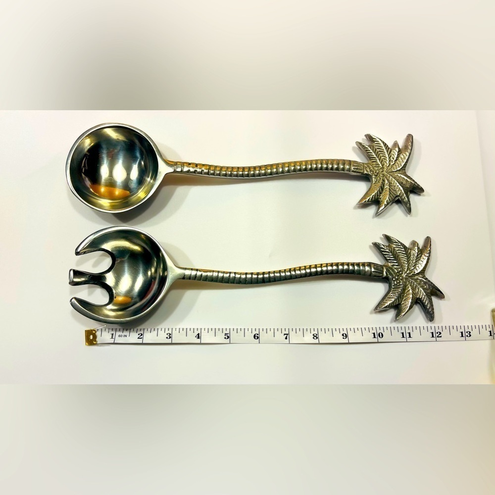 Tropical Palm Tree Serving Tongs Set Polished Aluminum